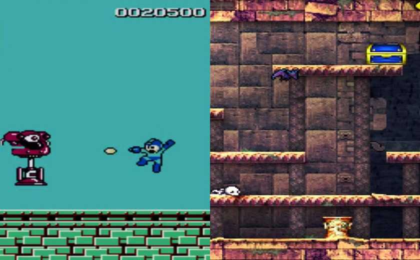 A combined image of gameplay from La Mulana and Mega Man 